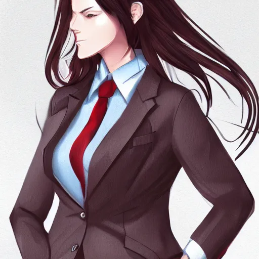 Prompt: female lawyer, business suit, brown neat hairr, pixiv, fanbox, trending on artstation, digital painting, defense attorney, modern, sleek, highly detailed,