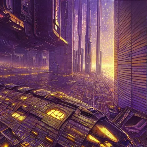 Image similar to cyberpunk starship hovering city, atmospheric lighting, painted, intricate, golden hour and purple, ultra detailed by peter gric, giger, enki bilal