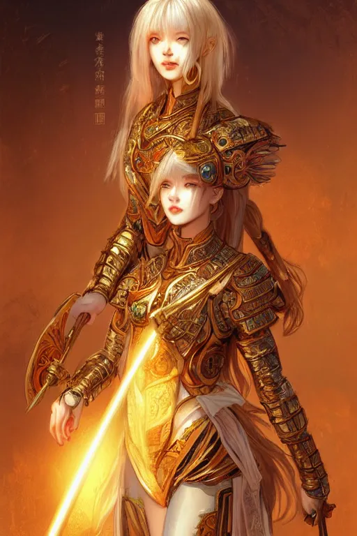 Image similar to portrait knights of zodiac girl, golden and copper shining armor, bushido katana, in ruined agora of athens sunrise, ssci - fi and fantasy, intricate and very very beautiful and elegant, highly detailed, digital painting, artstation, concept art, smooth and sharp focus, illustration, art by tian zi and wlop and alphonse mucha