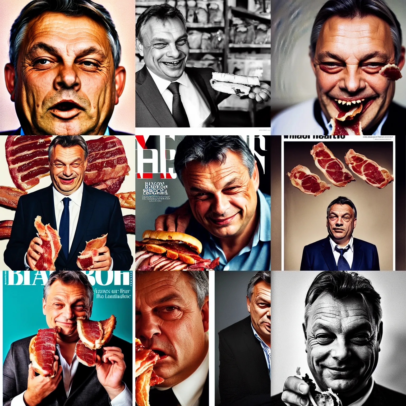 Prompt: headshot magazine cover photo of viktor orban winking with bacon by peter lindbergh