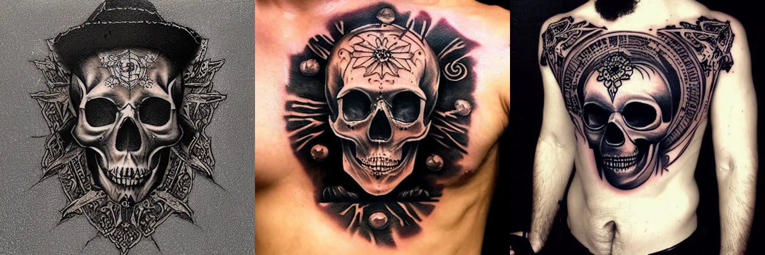 Prompt: Dark Matter Black Magic Skull rembrandt style chest tattoo 8K quality