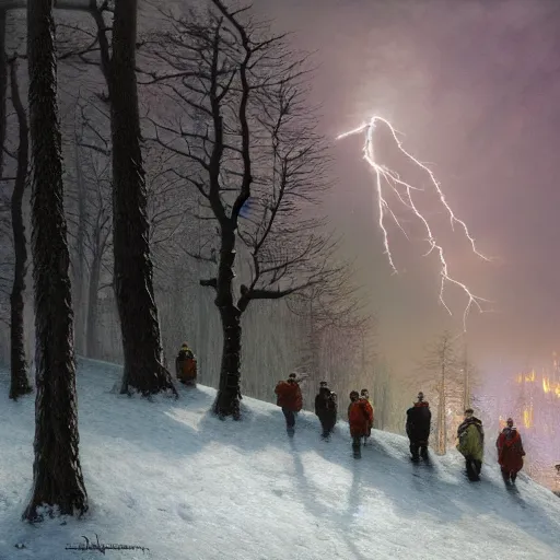 Image similar to a beautiful painting of group of climbers, extreme cold, storm, octane rendering, grim, dark, gloomy, cruel, volumetric lightning, hyperrealism, no blur, 4 k resolution, ultra detailed, style of john atkinson grimshaw, ivan shishkin, tyler edlin, scott listfield, eric zener