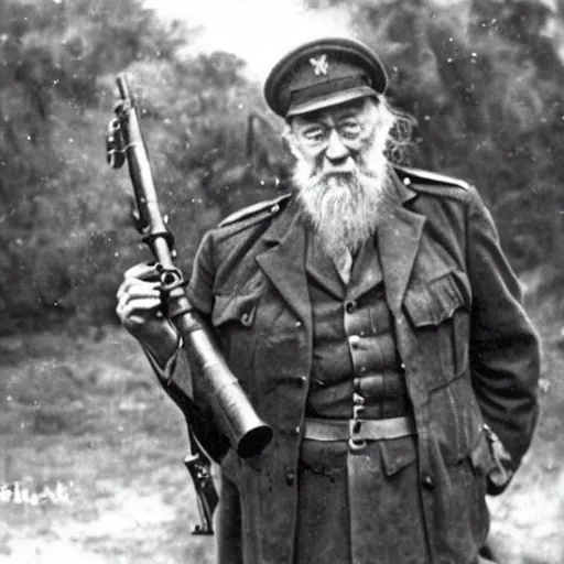 Prompt: old wartime photograph of dumbledore holding a lewis gun, 1 9 1 7