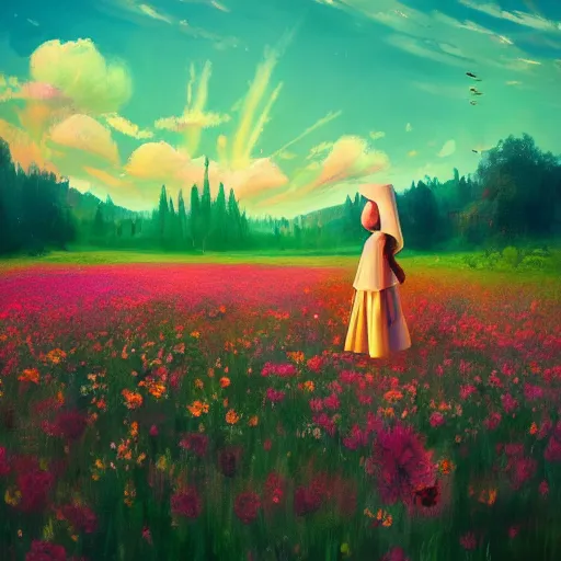 Image similar to flower girl with a flower face, surreal photography, dream, standing in flower field, in a valley, sunrise dramatic light, impressionist painting, colorful clouds, artstation, simon stalenhag