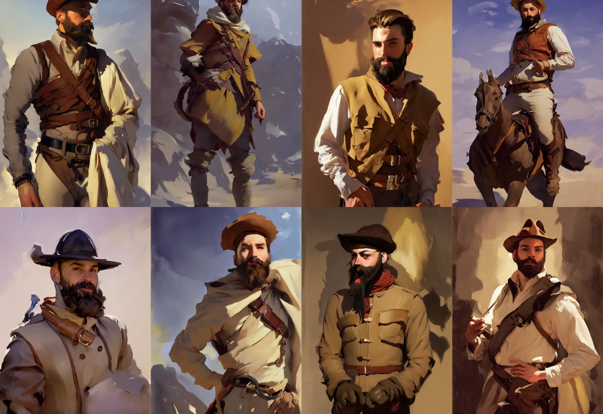 Image similar to portrait of spain italian young bearded men jodhpurs hyperborea winter traveler treasure hunter greg manchess painting by sargent and leyendecker, fantasy, medium shot, asymmetrical, intricate, elegant, matte painting, illustration, hearthstone, by rhads, by greg rutkowski, by greg tocchini, by james gilleard, by joe fenton