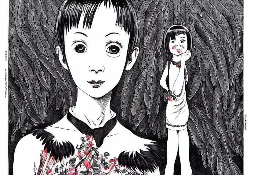 Image similar to beautiful little girl with a short black haircut wearing a dress made of black feathers, artwork in junji ito art style, anatomically perfect