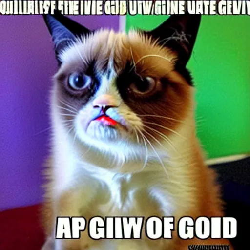 Image similar to grumpy cat is god of the universe