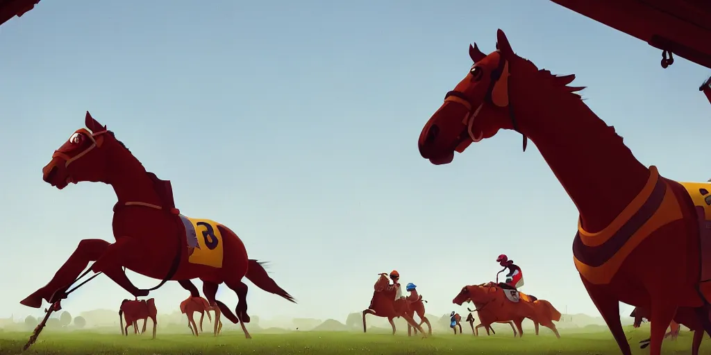 Image similar to Horse Racing by Goro Fujita and Simon Stalenhag , 8k, trending on artstation, hyper detailed, cinematic