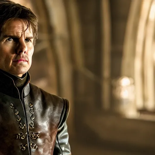 Prompt: Film still of Tom Cruise as Tyrion Lannister. Extremely detailed. Screenshot. 4K. Cinematic lighting.