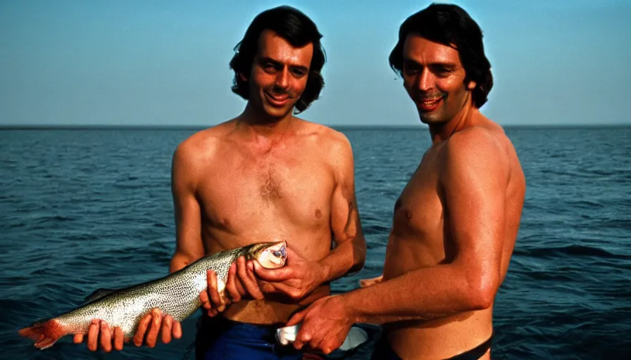 Image similar to 7 0 s movie still of thierry baudet in speedo, proudly holding a salmon on a fishing trip in siberia. cinestill 8 0 0 t _ 3 5 mm eastmancolor, heavy grain, high quality, high detail