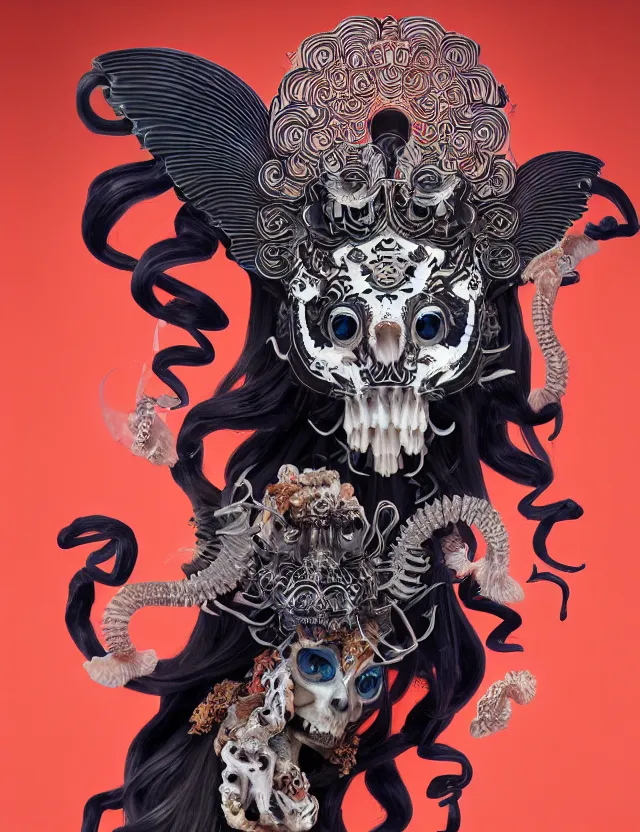 Image similar to 3 d goddess ram skull half - turn portrait with long hair with ram skull. beautiful intricately detailed japanese crow kitsune mask and clasical japanese kimono. betta fish, jellyfish phoenix, bio luminescent, plasma, ice, water, wind, creature, artwork by tooth wu and wlop and beeple and greg rutkowski