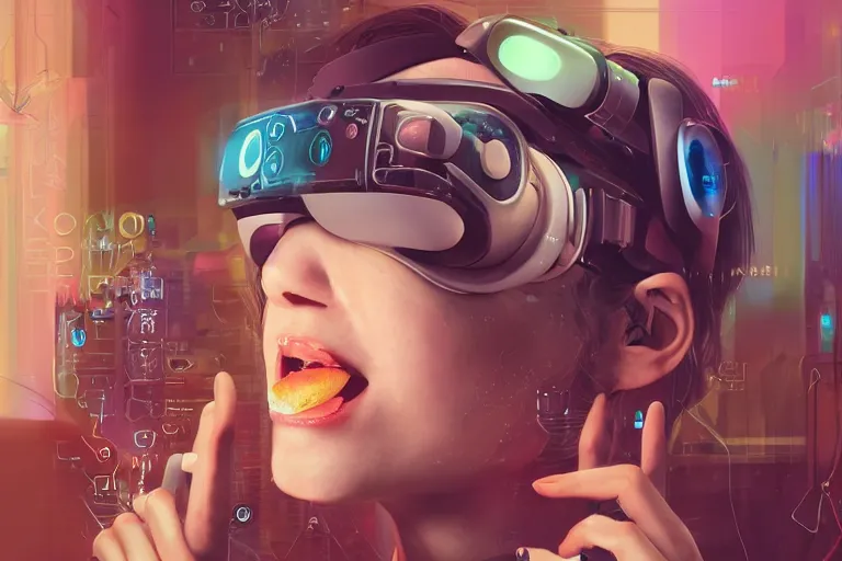 Image similar to a woman with a vr headset has a pill on her tongue and is hallucinating, cyberpunk art by keiichi koike, trending on cgsociety, retrofuturism, reimagined by industrial light and magic, darksynth, sci - fi