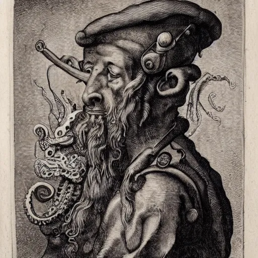 Image similar to tA colonial soldier with an octopus head, by Albrecht Dürer, engraving, ink, black and white, 17th century