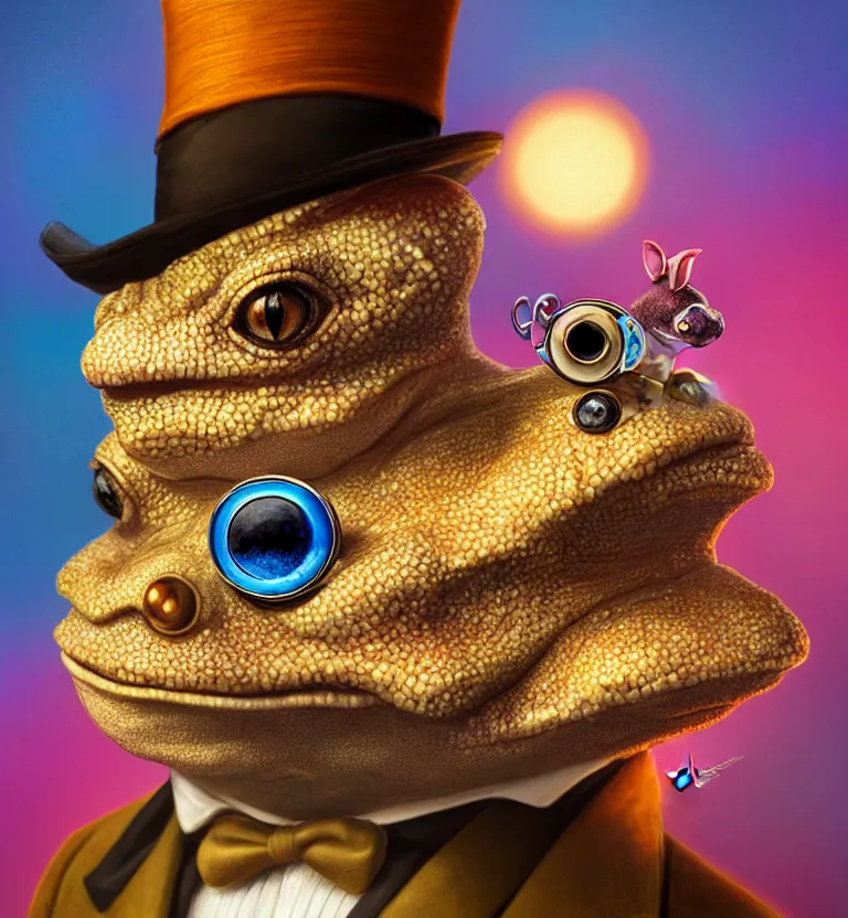 Prompt: Portrait of a humanoid toad with a top-hat and a monocle holding a magical rabbit, luxurious neckless, sunset, warm spring, detailed face, centered close-up, fantasy, anime, vibrant, colorful, depth of field, intricate details, trending on ArtStation, Deviantart, by WLOP