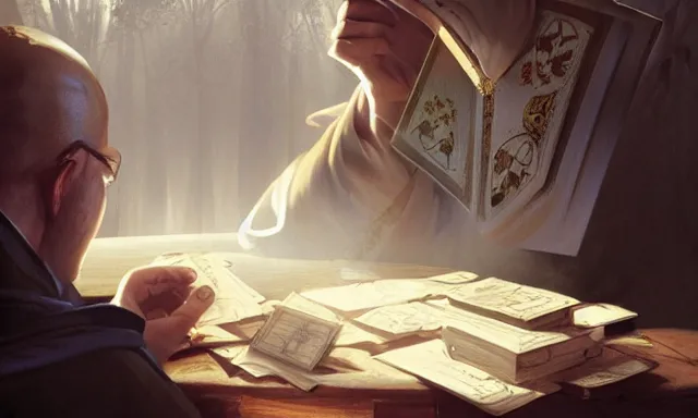 Prompt: priest doing a card trick, cardistry, swarm of cards, fantasy, digital art, soft lighting, nature, 8 k, fantasy concept art by greg rutkowski