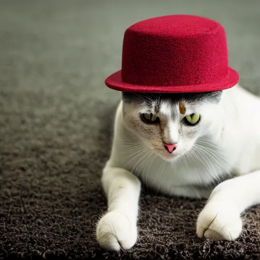 Image similar to cat sat on a mat wearing a hat and holding a bat detailed, smooth, sharp focus