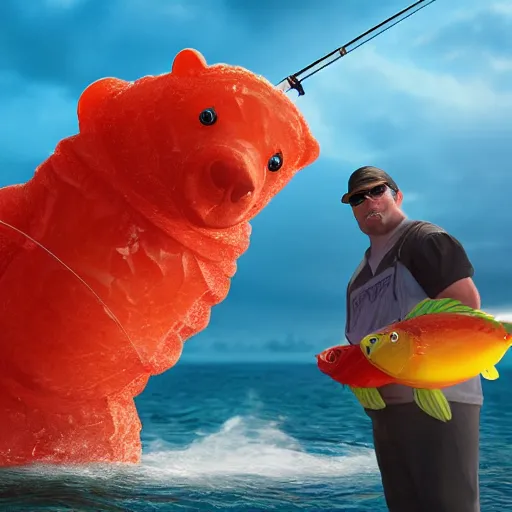 Image similar to life - sized gummi bear is deep sea fishing in a sportfisherman boat. he is fishing for swedish fish candy and using gummi worm candy as bait. photorealistic digital art, epic fantasy, dramatic lighting, cinematic, extremely high detail, cinematic lighting, trending, artstation, cgsociety, 3 d ue 5, 4 k, hq