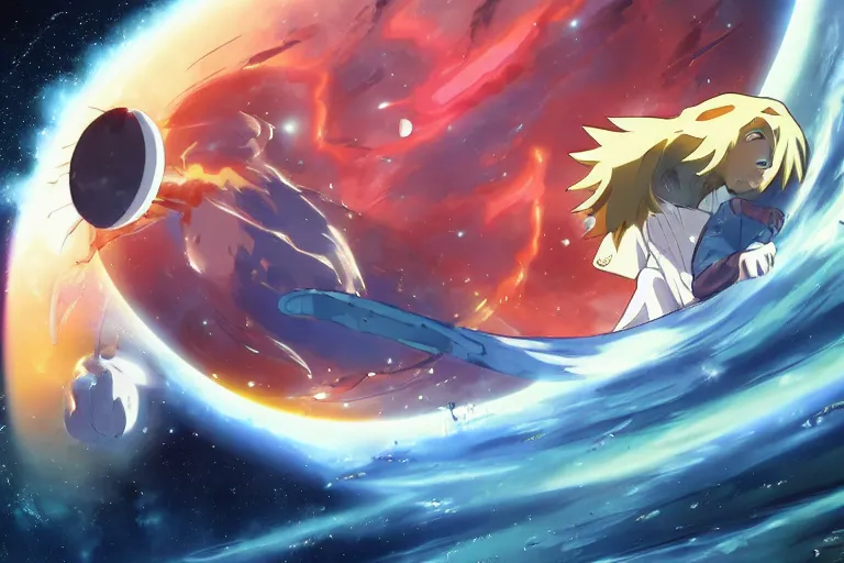 Prompt: tonemapped anime character!!! splitting a gas giant in half like parting the red sea, with pack of space whales fly through an interdimensional rift! in background by ( hiromu arakawa ), makoto shinkai and ( cain kuga )