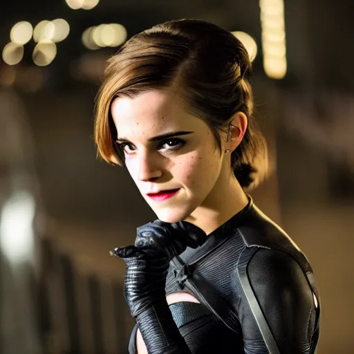 Prompt: Emma Watson as Catwoman, Fujifilm X-T3, 1/1250s at f/2.8, ISO 160, 84mm, 8K, RAW, symmetrical balance, Dolby Vision