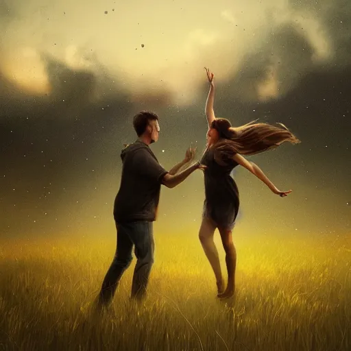 Prompt: two people dancing on a grassland, [ under the stars ]!!, while [ asteroids rain from the sky ]!!, trending on artstation, matte painting, illustrated by greg rutkowski, intricate, sharp, nighttime!!, 4 k photorealism!!, cgsociety contest winner, award winning