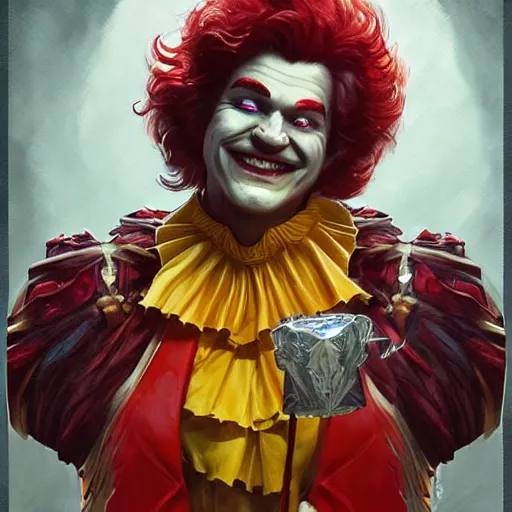 Image similar to an epic fantasy comic book style full body portrait painting of ronald mcdonald. d & d. fantasy. intricate. elegant. highly detailed. digital painting. artstation. concept art. matte. sharp focus. illustration. art by artgerm and greg rutkowski and alphonse mucha