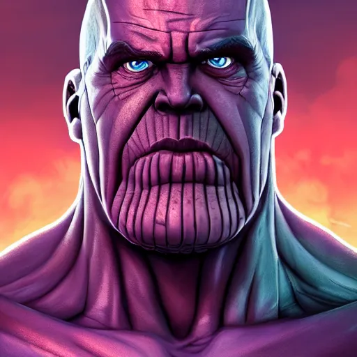 Image similar to closeup portrait of Thanos standing on a tank in a post apocalyptic battlefield at sunrise, action pose, dramatic lighting, high contrast, cosmic horror, abstract, masterpiece, trending on ArtStation, by Moebius, blizzard concept artists, Greg Rutkovski and by Craig Mullins and by Ismail Inceoglu, front lighting, rim lighting, god rays, lens flare, james cameron, cinematic, film still-H 704