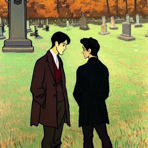Image similar to painting of young cute handsome beautiful dark medium wavy hair man in his 2 0 s named shadow taehyung and cute handsome beautiful min - jun together at the graveyard party, ghostly, haunted gravestones, ghosts, autumn! colors, elegant, wearing suits!, clothes!, stylish, delicate facial features, art by alphonse mucha, vincent van gogh, egon schiele