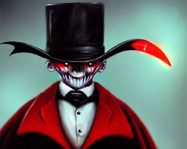 Prompt: closeup profile portrait of jack the ripper with glowing red eyes and bat wings, nicoletta ceccoli, mark ryden, lostfish, max fleischer, hyper realistic, artstation, illustration, digital paint, matte paint, vivid colors, bright, cheerful, detailed and intricate environment