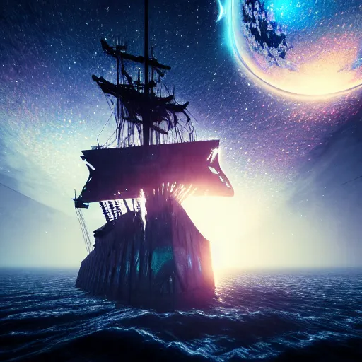 Image similar to a ghost ship with galaxies in the sky ,highly detailed, 4k, HDR, award-winning, artstation, octane render