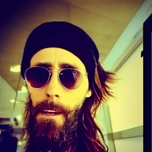 Image similar to this homeless man looks like jared leto if he was poor asf, accidentally taking a selfie, front camera, camera flash is so bright in his face, viral, selfie, viral on twitter, viral on instagram, viral photo