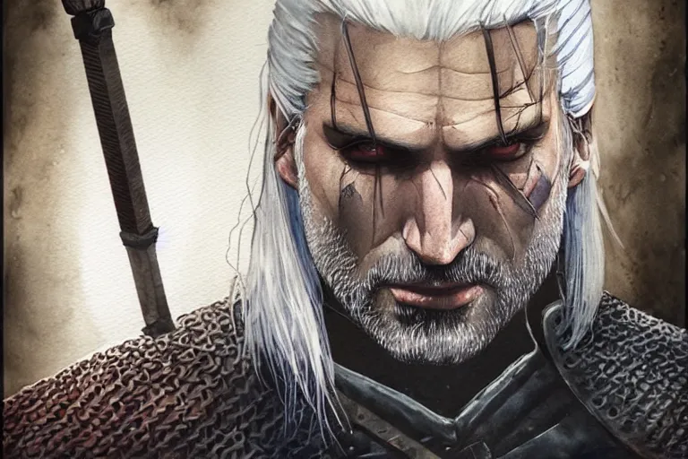 Prompt: a watercolour of Geralt from The Witcher by Josepth zbukvic