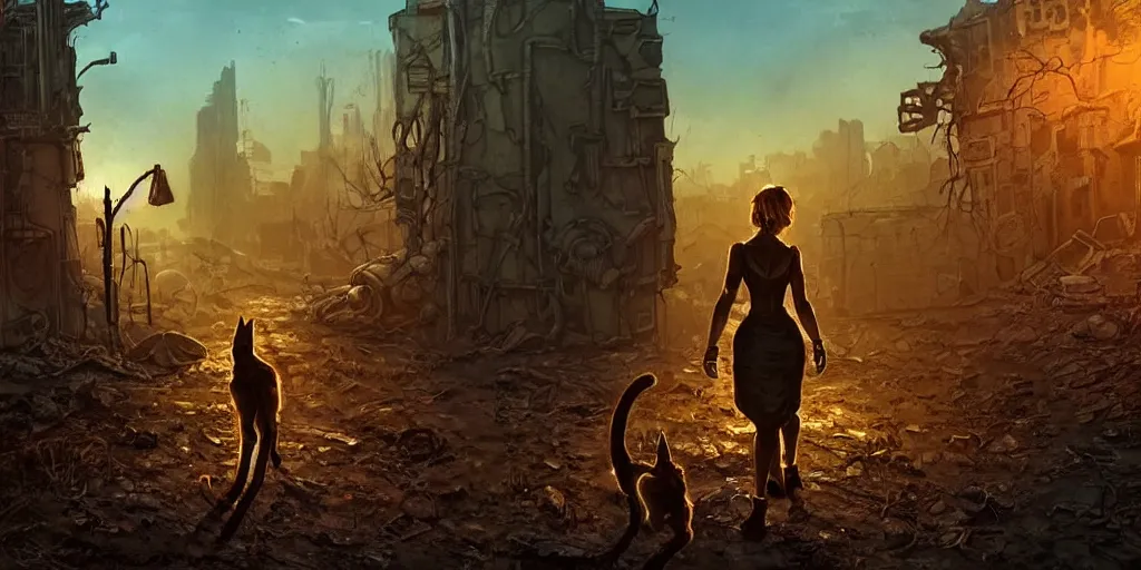 Image similar to fallout 5 concept art, female protagonist and feline companion, outdoor scene, some in the ruined city, atmospheric lighting, painted, cinematic, wide angle shot, intricate, volumetric lighting, beautiful, gritty, rich deep colours masterpiece, golden ratio, golden hour, sharp focus, ultra detailed by jack kirby, ignacio fernandez rios, thierry doizon