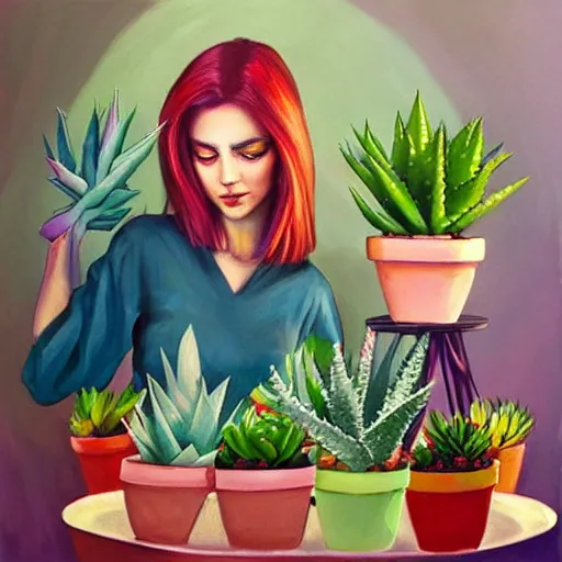 Image similar to painting by Artgerm of a beautiful woman with shoulder length rainbow hair in a coral dress putting colorful South African bitter aloe succulents into rainbow pots at a round table