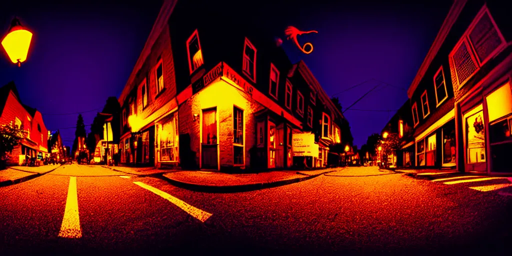 Image similar to curved perspective summer night small town street from tim burtons nightmare before christmas by petros afshar, 1 5 º camera angle