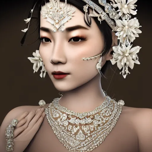 Image similar to portrait of wonderful asian princess of white diamonds with fair skin, white flowers, ornate with white diamonds, 8 k, gorgeous, intricate, detailed, glowing white accent lighting, dramatic lighting, octane render