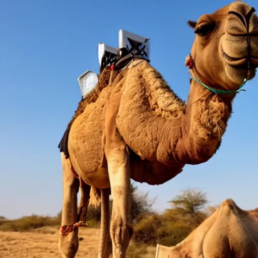 Prompt: a camel with scoops of ice cream on its back instead of humps