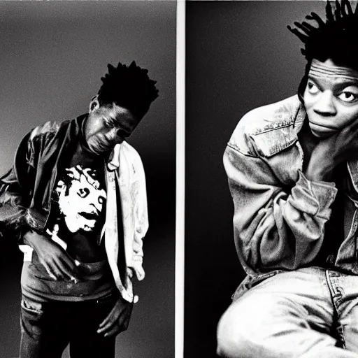 Image similar to medium format photo of jean - michel basquiat and kurt cobain photographed by annie leibovitz in a hi end photo studio, photorealistic, atmospheric,