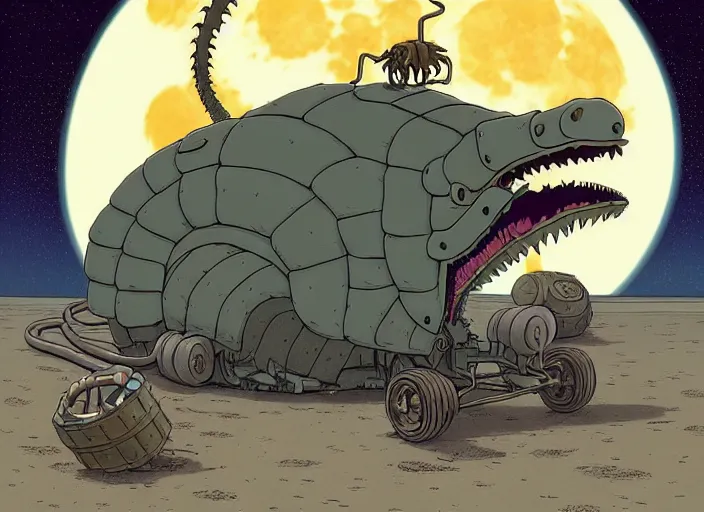 Prompt: a cell shaded cartoon of a lovecraftian mechanized rattlesnake from howl's moving castle ( 2 0 0 4 ), on a desert road, in front of a pale full moon, full body, wide shot, very dull muted colors, studio ghibli, laurie greasley, highly detailed, deviantart, art by artgem
