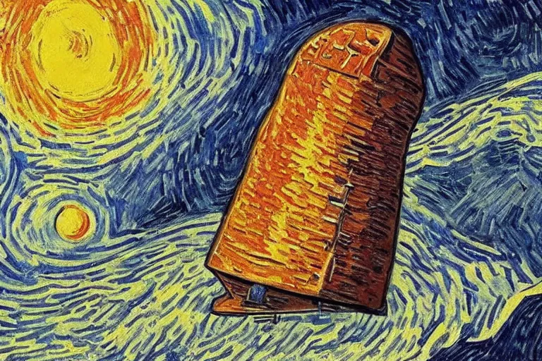 Image similar to brutalism spaceship near jupiter as painted by van gogh, detailed, wet brush, poster art