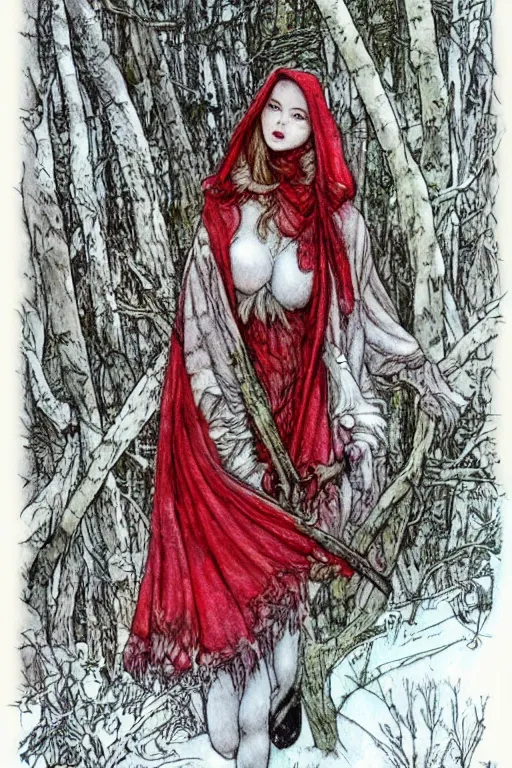 Image similar to detailed red riding hood lost in a winter forest, fantasy art, trending on artstation, fairytales, art by luis royo and walter crane and kay nielsen, watercolor illustration,