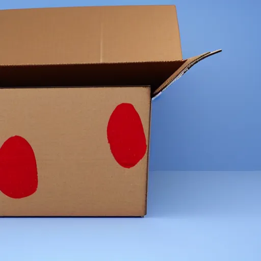 Prompt: a cardboard box with a clown peeking out if it, and the words lol written on it, realistic