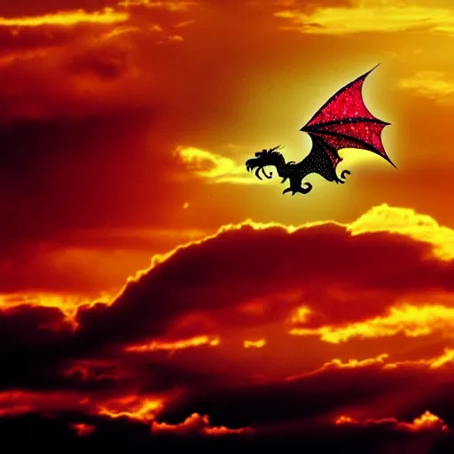 Prompt: A dragon made of rubies and gold flying in sunset clouds