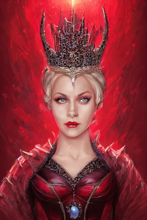 Image similar to beautiful evil queen, blonde, red gown, throne, wearing crown, highly detailed, d & d, fantasy, portrait, highly detailed, headshot, digital painting, trending on artstation, concept art, sharp focus, illustration, art by artgerm and greg rutkowski and magali villeneuve