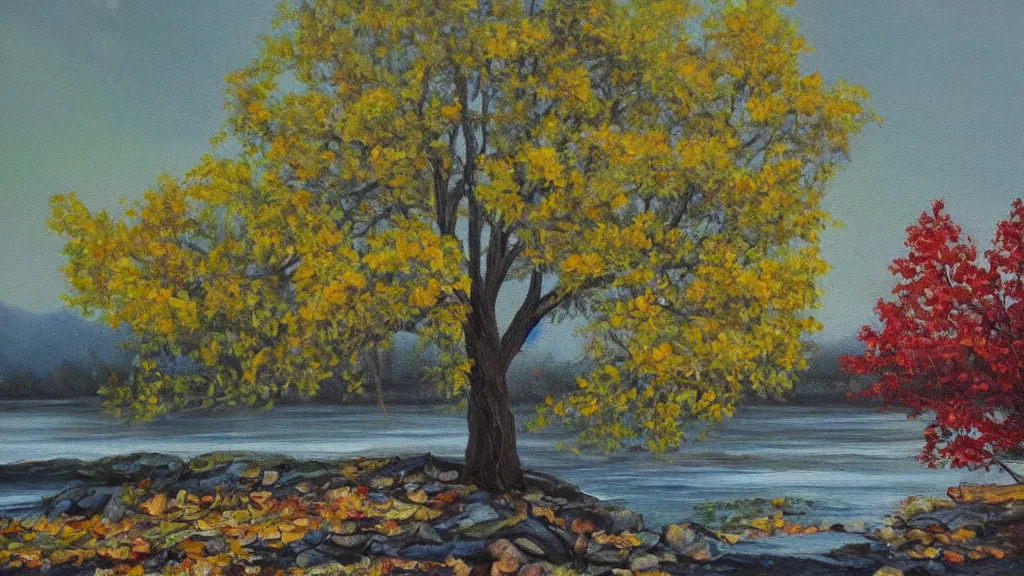 Prompt: A beautiful oil painting of a single tree, the tree is in the rule of thirds, a family is under the tree having a picnic, the kids are playing with the dog at the river while the are splashing the water, the fall has arrived and the leafs started to become golden and red, the river is flowing its way, the river has lots of dark grey rocks, oil painting by Greg Rutkowski