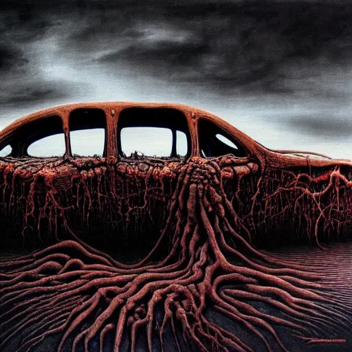 Image similar to horrifying eldritch 4 - door sedan, painting by zdzisław beksinski, product photograph, 4 k, dark atmosphere, horror, veins, oozing slime