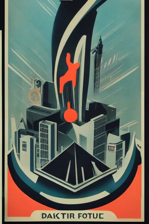 Image similar to propaganda poster of 1 9 5 0 s city futuristic design, dark, silhouette, symmetrical, washed out color, centered, art deco, 1 9 5 0's futuristic, glowing highlights, intense