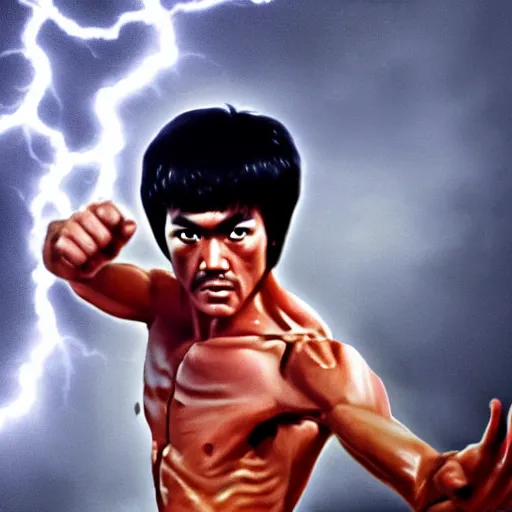 Prompt: Bruce Lee doing a kick in front of a lightning striking in the background,HD, high resolution, hyper realistic, 4k, intricate detail