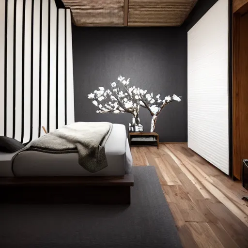 Image similar to bedroom, stone, interior design, stylish luxury hotel bedroom design, yakisugi, black vertical slatted timber, textures, feminine, black walls, art, Japanese pottery vase with flowers, kakejiku, seasonal, Japanese influences