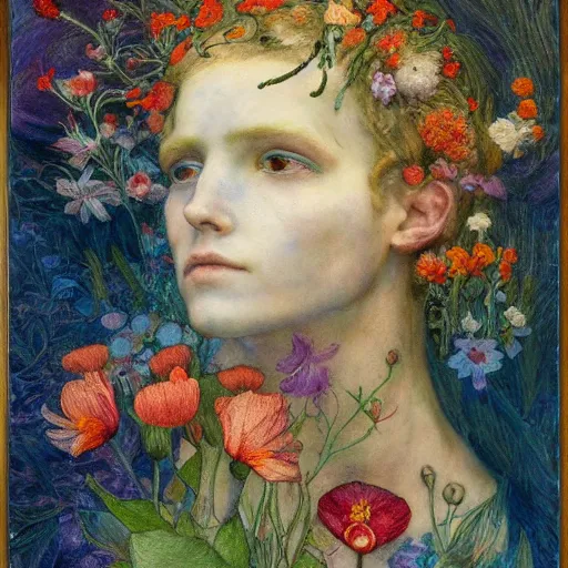 Image similar to the flower prince, by Annie Swynnerton and Annie Stegg Gerard, embroidered robes, floral tattoos, bioluminescent, elaborate costume, geometric ornament, symbolist, soft colors, dramatic lighting, smooth, sharp focus, extremely detailed