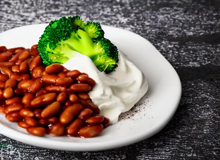 Image similar to food photo still of soft serve swirled frozen yogurt topped with baked beans and broccoli, 8 5 mm f 1. 8 studio lighting